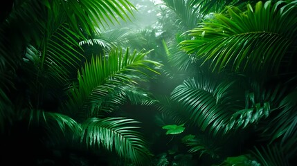Lush green foliage in a vibrant tropical environment with soft light.