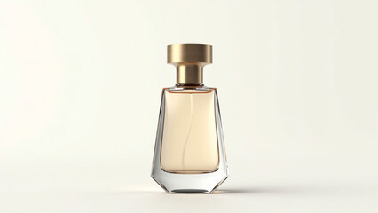 a clear glass perfume bottle with a golden cap, filled with light amber liquid, centered on a plain background. The elegant design and lighting highlight the bottle’s luxurious appearance.