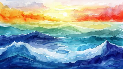 Surfing scene, multicolored waves, dynamic ocean, Watercolor style