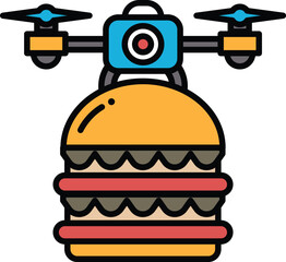 A cartoon drawing of a giant hamburger with a drone in the middle