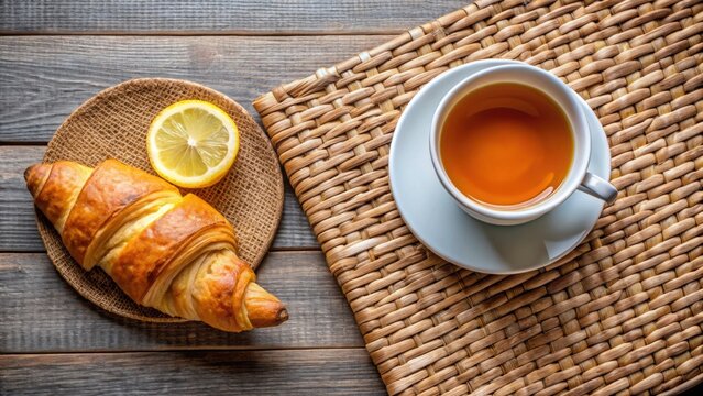 A cup of tea with lemon and croissant on a woven placemat , tea, lemon, croissant, breakfast, morning, beverage, food