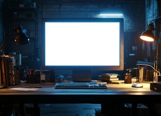 Naklejka premium Typical computer screen mockup. Workspace in the background