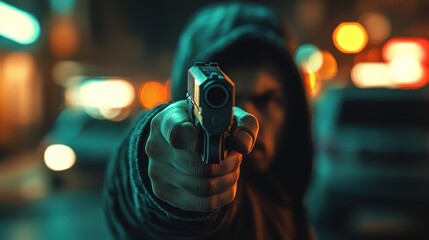 Cool aggressive man in shirt and jacket pointing a gun