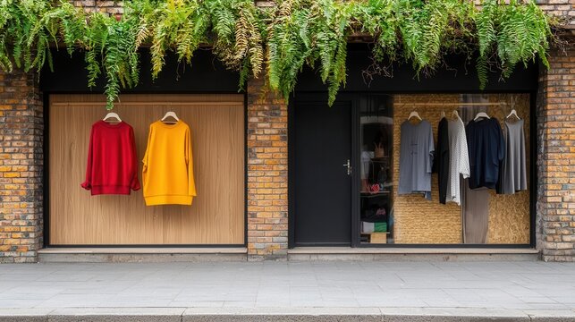 Luxury clothing store beside a small, wornout thrift shop, fashion inequality, consumerism