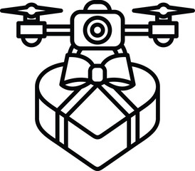A drone is hovering over a box with a bow