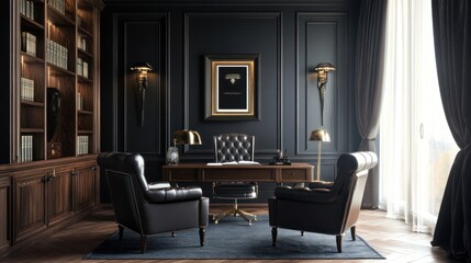 A luxurious library with a large wooden bookcase filled with books, two black leather armchairs, a wooden desk, and a large window with sheer curtains.