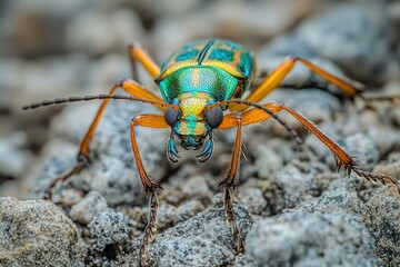 Fototapeta premium Close-up of a Green and Orange Beetle on Gravel