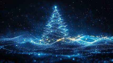 Abstract Christmas tree with sparkling lights and particles on a blue background.