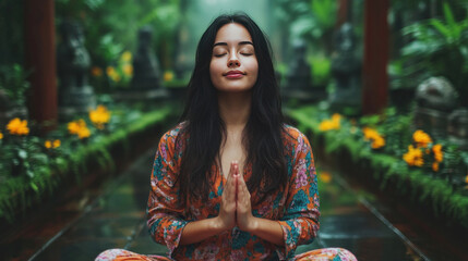 A woman meditating in a quiet temple courtyard surrounded by ancient stone carvings