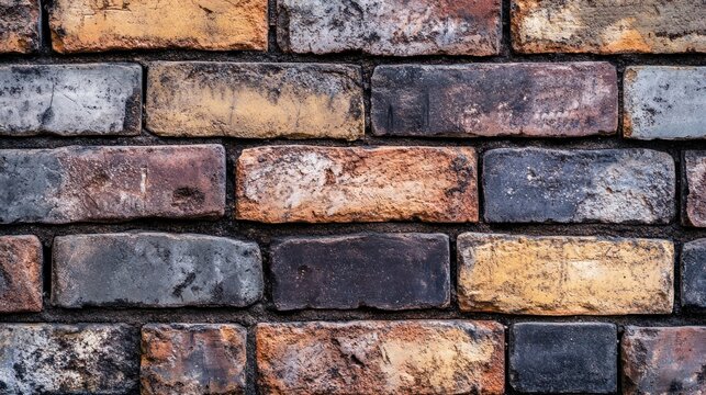 Fototapeta Close up of weathered brick wall with a mix of red, orange, yellow and grey bricks.