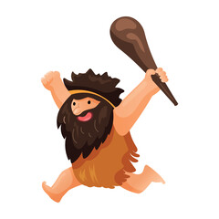 caveman running after someone with a club. A Neanderthal in skins and long hair runs screaming after an animal