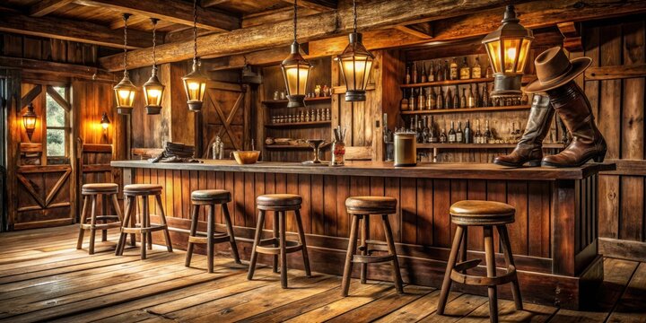 Vintage western saloon interior with rustic charm featuring wooden bar, cowboy boots, and antique lanterns