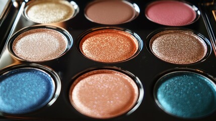 Fototapeta premium Close-up of a makeup palette with various eyeshadow colors.