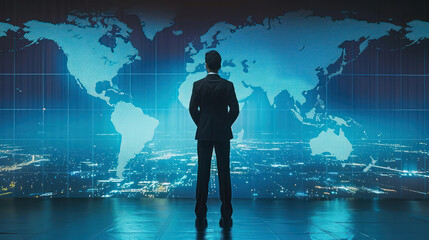 A business executive standing before a digital world map, presenting leadership strategies for managing cross-border teams in global markets.