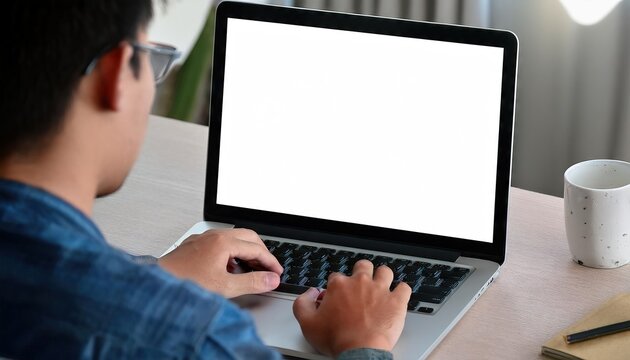  Over shoulder shot of a young man using computer laptop in front of an blank white computer screen in home