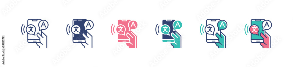 Poster online mobile language translate icon set hand holding mobile phone translation tools with bubble ch