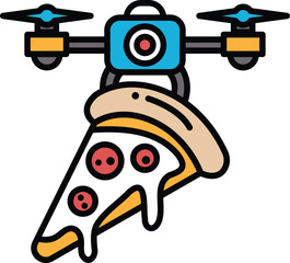 A cartoon drawing of a pizza with a drone in the background