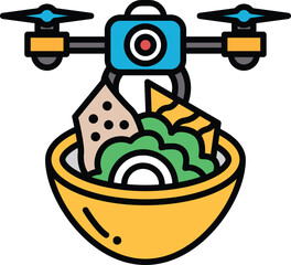 A drone is hovering over a bowl of food, including a piece of broccoli