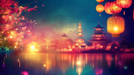 Joyful Vesak background with colourful lanterns, peaceful temples, and soft glowing light