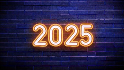 Obraz premium neon 2025 new year on brick wall 