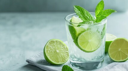 Fototapeta premium Close-up of a mojito with fresh mint and lime, beautifully arranged in a stylish glass, placed on a linen napkin for a fresh look