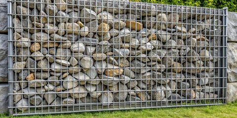 Grey stones inside wire gabion wall baskets, background of stone fence
