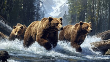Three brown bears walking through a river in a misty forest with a mountain in the background.