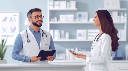 sales representative discussing new medication with doctor in healthcare clinic, modern presentation of pharmaceuticals, client consultation and innovative treatment options for patients