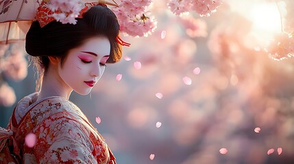 A graceful Japanese Geisha dressed in an ornate kimono with intricate patterns,