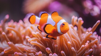 Clownfish Nestled Among Anemones, Showcasing Bright Colors and Intricate Details in Natural Aquarium Lighting