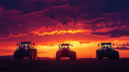 Fototapeta premium Three tractors silhouetted against a dramatic sunset.