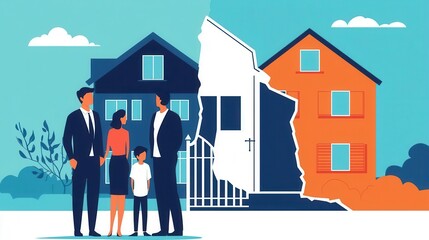 Obraz premium Wealthy person holding multiple real estate titles versus a family standing in front of a dilapidated home, property inequality, wealth gap