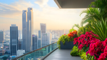 Fototapeta premium Urban rooftop garden filled with vibrant flowers and lush greenery, showcasing the contrast between nature and city life, with towering skyscrapers providing a stunning backdrop for relaxation 