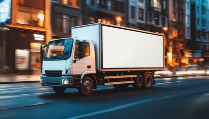 White Delivery Truck Driving Through a City at Night