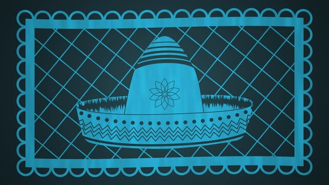 Papel picado de sombrero t&iacute;pico de color y fondo azul. 