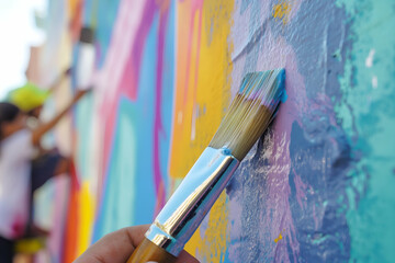 Obraz premium A close-up of a paintbrush applying blue paint to a colorful mural. In the background, two individuals are seen working on the mural, adding vibrant colors. The scene captures the creativity.