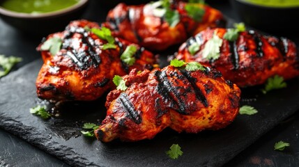 Close up of grilled chicken drumsticks with herbs on black slate plate.