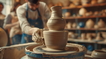 A potter skillfully shaping clay on a pottery wheel in a workshop. The focus is on the hands of the potter as they mold a vase, surrounded by various pottery pieces in the background.