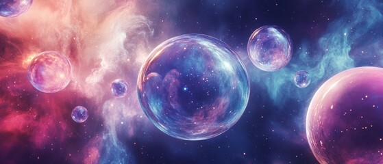 A colorful galaxy with many bubbles floating in the sky