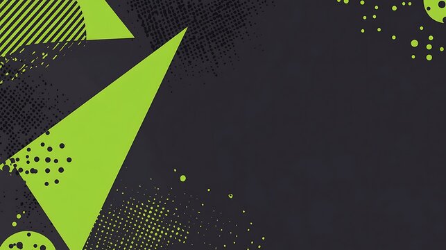 Abstract geometric design with green triangles, circles, and lines on a dark background.