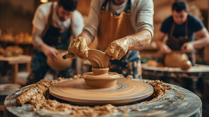 A pottery workshop scene featuring artisans shaping clay on spinning wheels. One potter is focused on creating a bowl, while two others work on their pieces in the background.