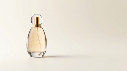 The image shows an elegant, teardrop-shaped perfume bottle with a gold matte cap. The transparent glass reflects light, blending with the beige background. A stitching detail adds a touch of luxury an