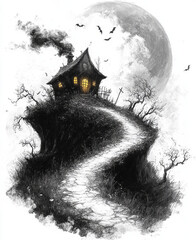 Fototapeta premium Halloween Sketch Poster. Generated image. A digital illustration of a traditional Halloween scary poster in a sketch art style.