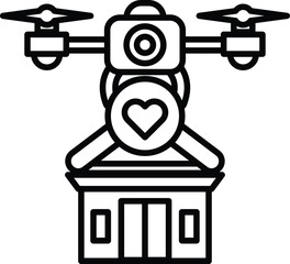A drone is hovering over a building with a heart on it