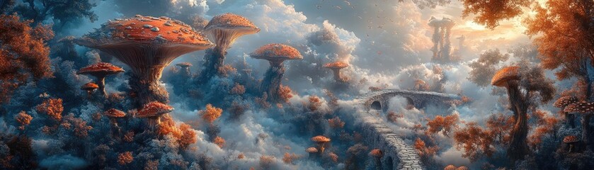 Aerial view of a whimsical fantasy forest, towering mushrooms intertwining with floating clouds, philosophical quotes carved in stone bridges