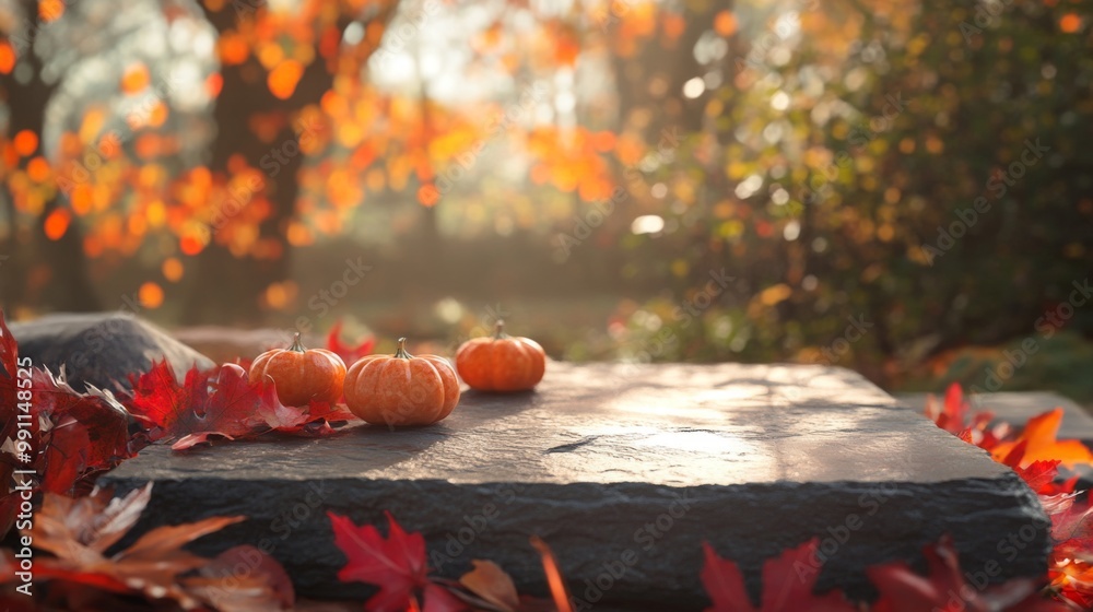 Poster three small pumpkins rest on a stone surface surrounded by bright red autumn leaves, illuminated by 
