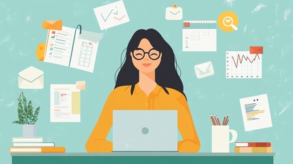 Woman working on laptop surrounded by documents.