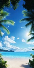 Tropical beach scene with palm trees and clear blue skies.