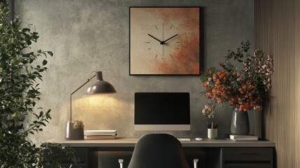 Stylish home office desk with a computer, a lamp, and flowers.