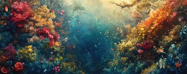 Fototapeta premium Aerial view of vibrant fantasy landscapes merging with lush conservation zones, magical creatures thrive, ethereal colors blend harmoniously